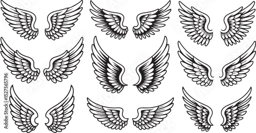 Wing Silhouette Set with Feathered Flight Art Design, Perfect for Freedom Sky Decor and Angelic Illustration