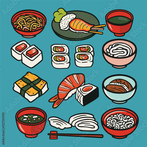 Japanese cuisine featuring sushi, noodles, and green tea displayed on a colorful background
