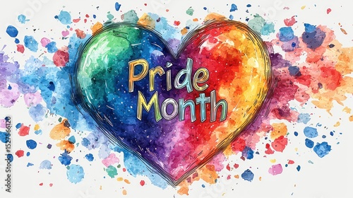 Watercolor rainbow heart with colorful paint splashes and bold Pride Month text celebrating LGBTQ+ community on white background Generative AI