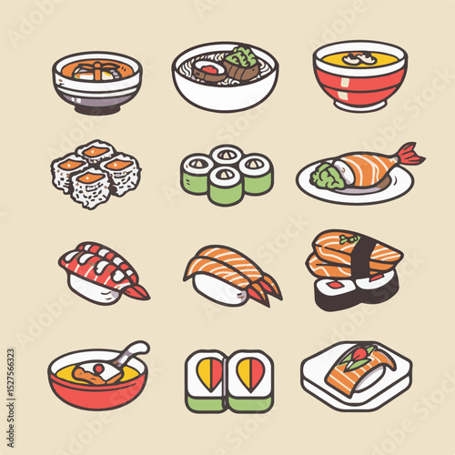 Variety of sushi and Japanese dishes displayed in colorful illustrations on a neutral background