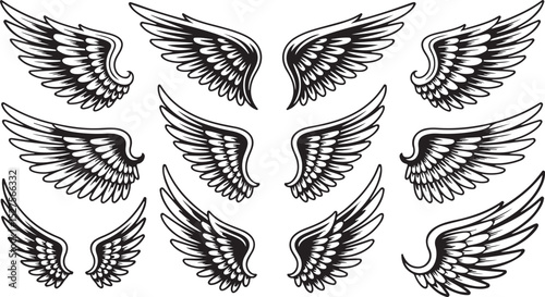 Wing Silhouette Set with Feathered Flight Art Design, Perfect for Freedom Sky Decor and Angelic Illustration