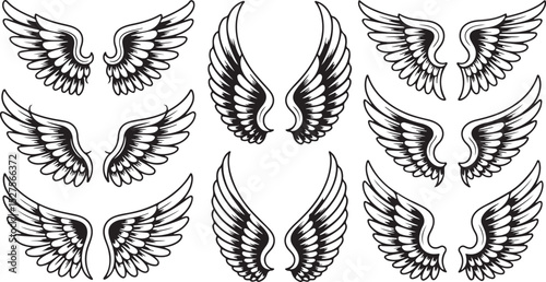 Wing Silhouette Set with Feathered Flight Art Design, Perfect for Freedom Sky Decor and Angelic Illustration