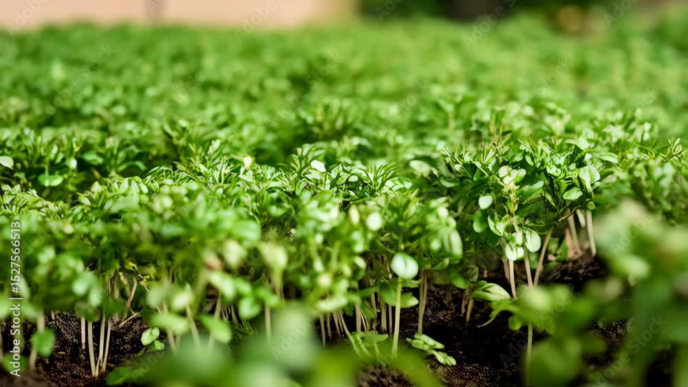 Close-up of fresh young green sprouts growing in dark soil in a garden, showing new life, growth, and healthy organic food Close-up of fresh young green sprouts growing in dark soil in a garden, showing new life, growth, and healthy organic food
