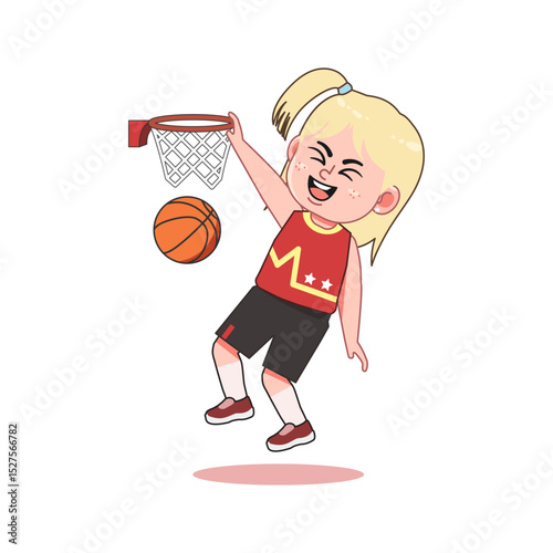 Blonde Cute Little Girl Cartoon Playing Basketball Slam Dunk Jump