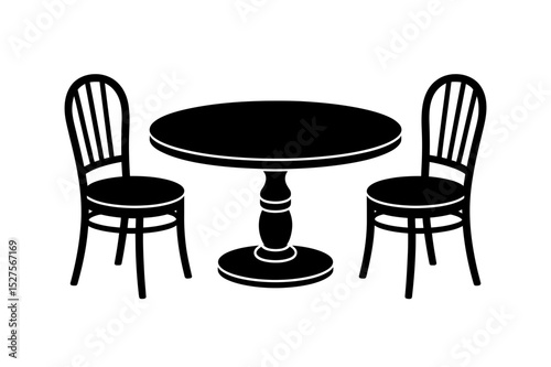 Round table with two chairs in black and white art
