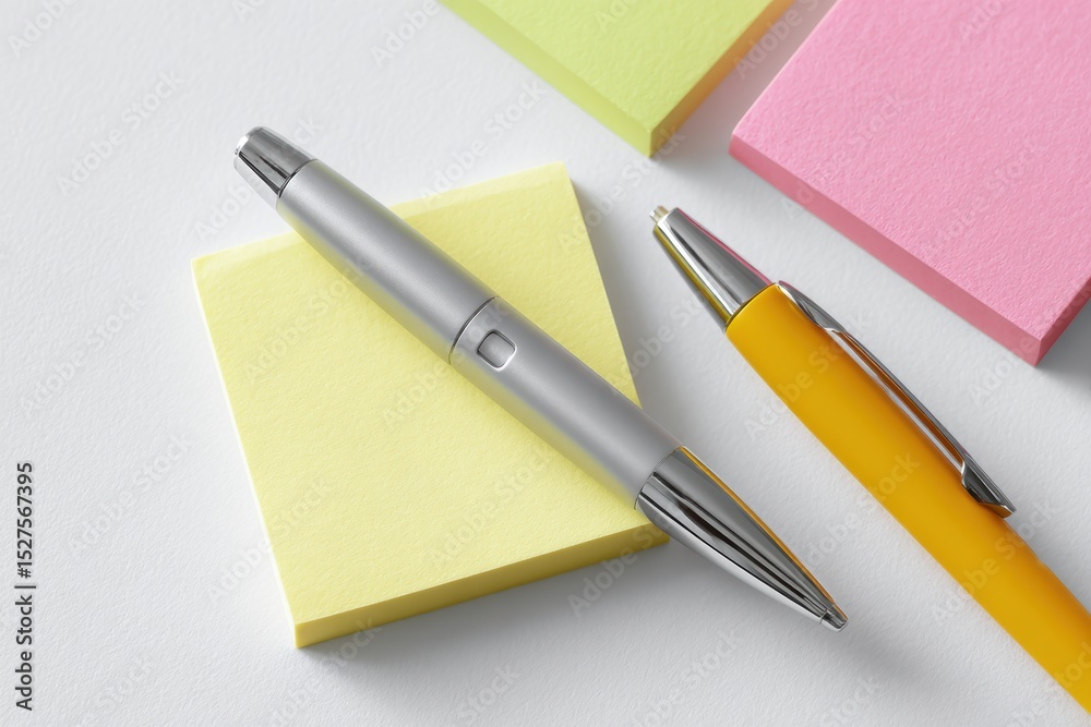 Ballpoint pen and sticky notes flat lay on white surface Ballpoint pen and sticky notes flat lay on white surface