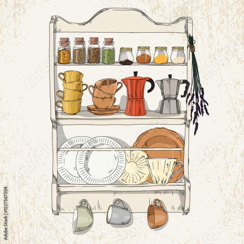 Hand-drawn illustration of a vintage-style wooden kitchen shelf on the wall with spice jars, a coffee maker, plates and hanging cups on a light textured background.