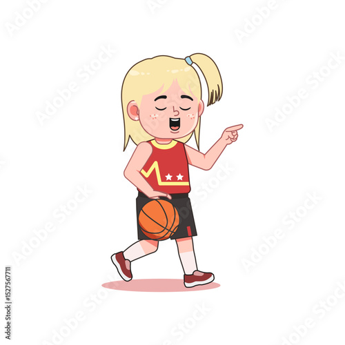 Blonde Little Girl playing basketball Pointing Finger