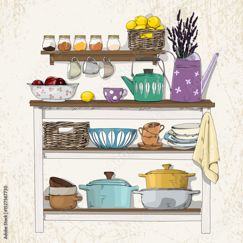 Hand-drawn illustration of a rustic kitchen shelf with baskets, dishes, glass jars, pots and cooking utensils on a vintage background.