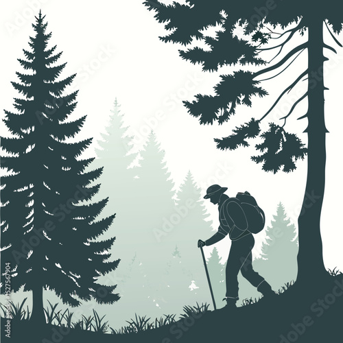 Silhouette of a hiker with backpack and walking stick ascending a grassy hill in a forest setting