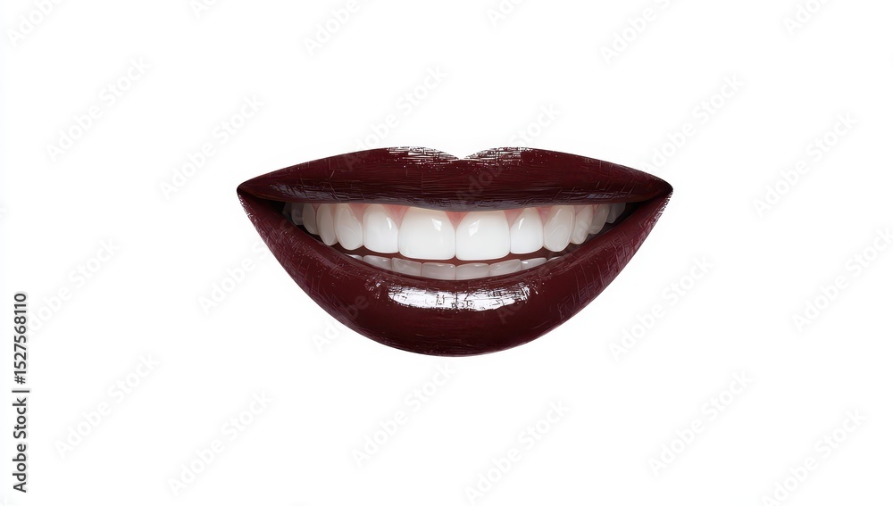 Naklejka premium Close-up of a smiling mouth with dark maroon glossy lipstick