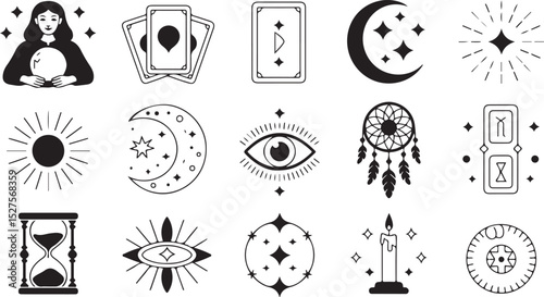 Mystical Symbol Silhouette Set with Moon Eye Tarot Art Design, Perfect for Occult Magic Decor and Spiritual Illustration