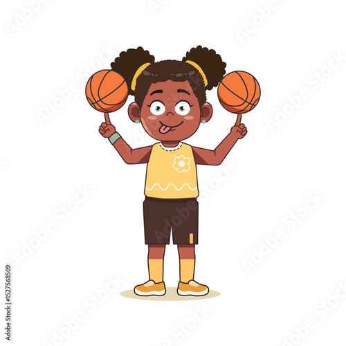 African American Cartoon cute little Girl playing basketball Spinning Ball Skill
