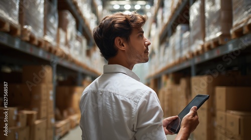 Warehouse inventory management action distribution center professional indoor overhead view efficiency concept