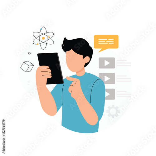 Interactive Online Learning Illustration. Vector illustration of a young person engaging with educational content on a tablet. 
