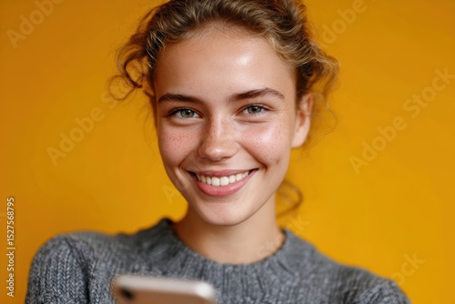 Teenage girl using phone while smiling naturally