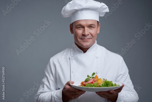 Chef holding plate of food and looking proud