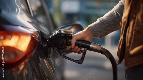 Fueling up car refueling at a gas station urban setting action shot daytime close-up perspective
