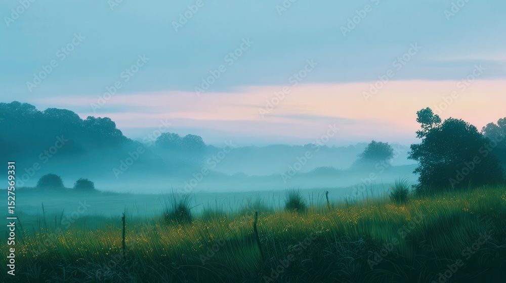 Mist Rolling Through a Serene Pasture at Dawn with Cow in View Mist Rolling Through a Serene Pasture at Dawn with Cow in View