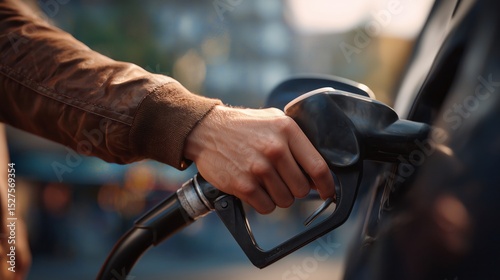 Fueling up a hand grasping a gas pump nozzle at a gas station during golden hour