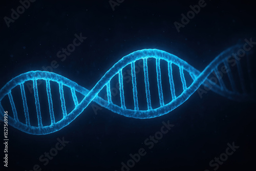 A blue DNA helix illustration on a dark background, representing genetic information and science.