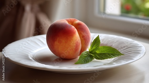 Ripe peach with mint leaves on a white plate by a window