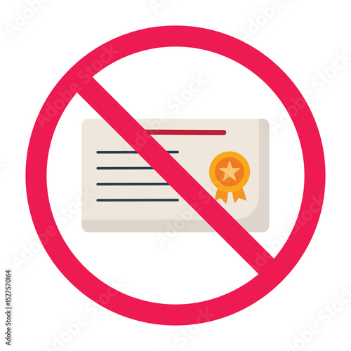 Forbidden sign with academic diploma education document icon, no certificate document sign, certificate prohibition sign