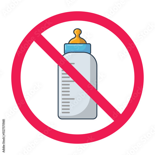 Forbidden sign with baby milk bottle icon, no baby bottle allowed sign, baby feeding bottle prohibition sign, do not use baby milk bottle with pacifier nipple