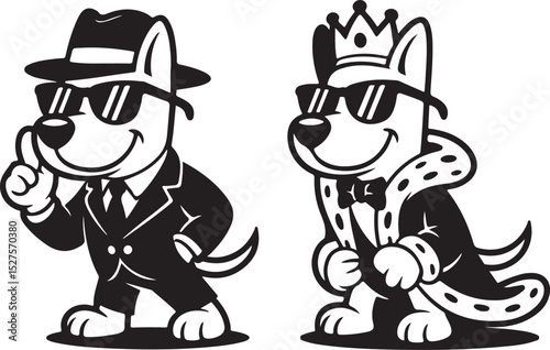 Dog Silhouette Set with Suit Crown Glasses Art Design, Perfect for Funny Pet Decor