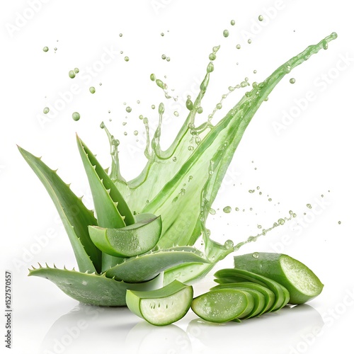  Aloe vera gel bursting in a green splash with cut aloe leaves, white background