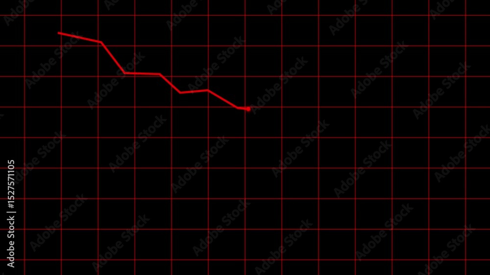 Dynamic animated chart with falling arrow and trend line depicting stock market crash and financial losses. Visual animation of falling stock chart with arrow and trend line graph.