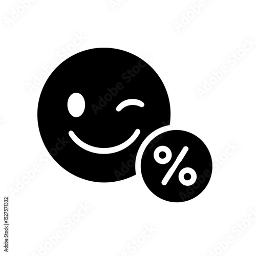 Winking smiley with percent symbol representing smart discount – solid black icon