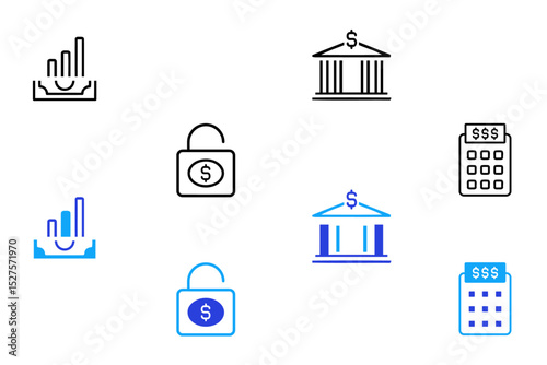 Financial Profit solid and line icon set. Money savings, finance, growth, investment, payment, earnings, management, cash, money symbol icons. Editable vector illustration