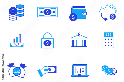 Financial Profit soli flat icon set. Money savings, finance, growth, investment, payment, earnings, management, cash, money symbol icons. Editable vector illustration