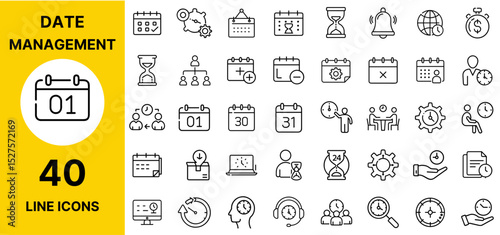 Date Management Icon – Calendar, Schedule, Planner, Deadline, Timeline, Reminder, Organizer, Appointment, Time Tracking, and Event Outline Vector