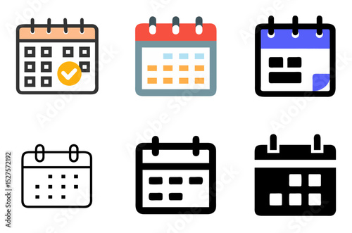 Calendar Icon Set – Date, Schedule, Event, and Planner Symbol in Line and Color Styles Vector