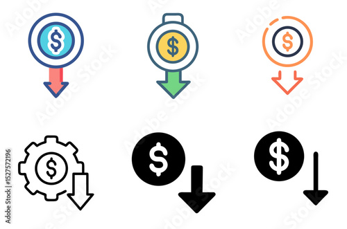 Cost Reduction Icon – Budget, Save Money, and Expense Cut Symbol in Line and Color Styles Vector