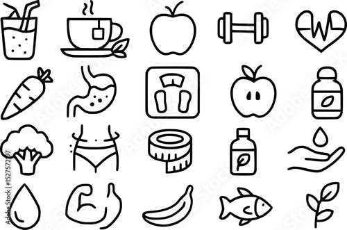 Collection of Simple Line Art Icons for Healthy Lifestyle