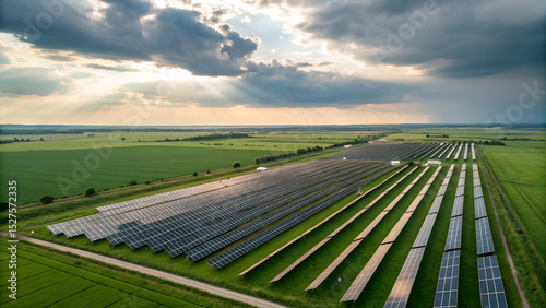 A field of solar panels gleams in the sunlight, symbolizing sustainable energy production. , A wide-angle shot of a vast solar panel farm stretching across a lush green field under a partly cloudy sky