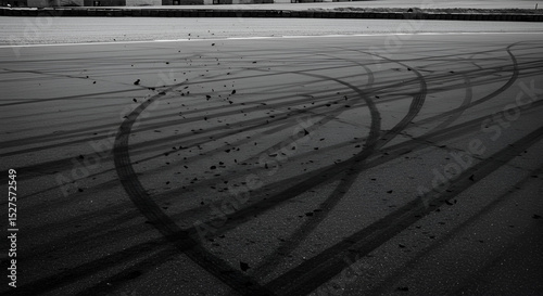 tire marks on asphalt, symbolizing love and passion for driving, in black and white