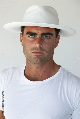 Wallpaper Mural Charming portrait of a man with stunning blue eyes wearing a bright hat against a white background Torontodigital.ca