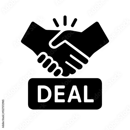 Handshake with DEAL text representing agreement on offer – solid black icon