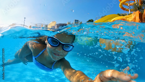 A young girl in a blue swimsuit and goggles swims underwater in a pool, capturing the essence of summer fun and aquatic adventures. Aerial view, underwater perspective.