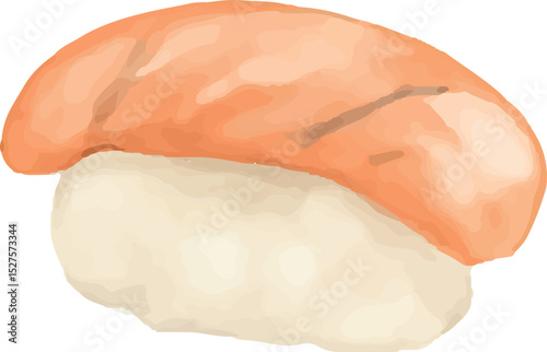 A fresh salmon nigiri sushi rests on a small mound of rice, showcasing vibrant colors and realistic texture. The glossy sheen highlights its freshness, making it a visually appealing dish