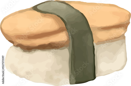 A close-up of a sushi piece featuring a light brown topping, white rice base, and dark green seaweed wrap, showcasing its fresh, appetizing appeal and traditional Japanese culinary artistry