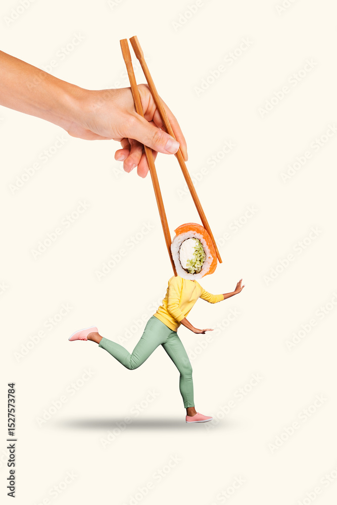 Fototapeta premium 3D collage design composite trend artwork sketch of hand hold chopsticks eat sushi head rice salmon fastfood woman body run maki meal