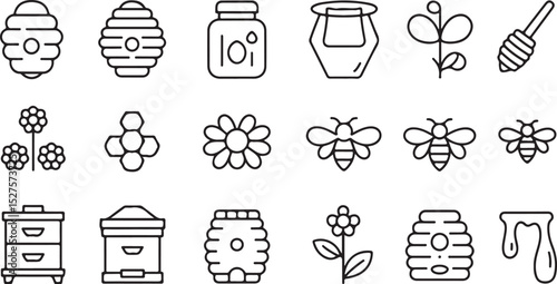 "Bee Silhouette Set with Honeycomb Jar Flower Art Design, Perfect for Beekeeping Nature Decor and Sweet Honey Illustration