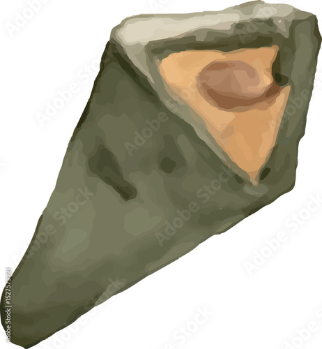 A beautifully crafted Japanese onigiri, a triangular rice ball wrapped in seaweed with a delicious filling. A traditional, convenient, and flavorful snack, perfect for lunch or on-the-go meals