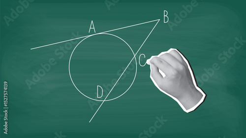 A hand writes geometric figure - a circle with a tangent on a blackboard with chalk. Modern collage style. Vector illustration