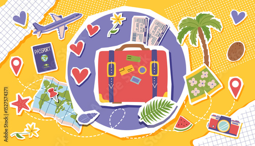 Travel collage banner. Summer vacation background. Travel destinations concept. Vector flat illustration with travel objects.